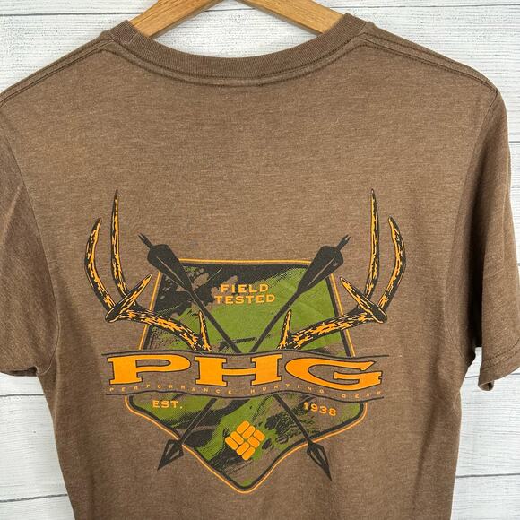Columbia PHG Mens size Small Short Sleeve Graphic Hunting Tshirt Brown Hunting - Picture 5 of 8